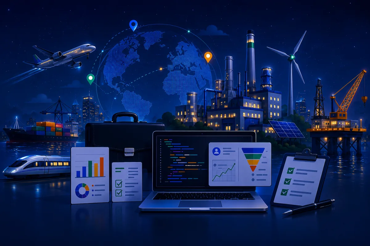 Illustration en teintes sombres représentant l’univers de la vente et de l’informatique
